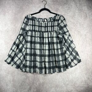 Anthropologie‎ Akemi+Kin Top Womens Medium Black White Plaid Bell Sleeve Boho